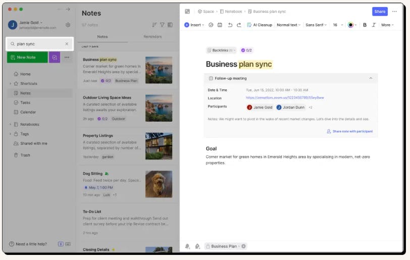 Evernote interface